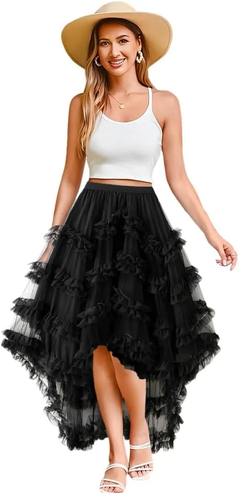 Women's Tulle Skirt, Ruffle Elastic Waist Midi Skirt Fairy Costume Asymmetrical Pleated Tutu Skirt A-Line Midi Skirt, Black