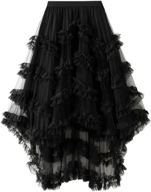 Women's Tulle Skirt, Ruffle Elastic Waist Midi Skirt Fairy Costume Asymmetrical Pleated Tutu Skirt A-Line Midi Skirt, Black