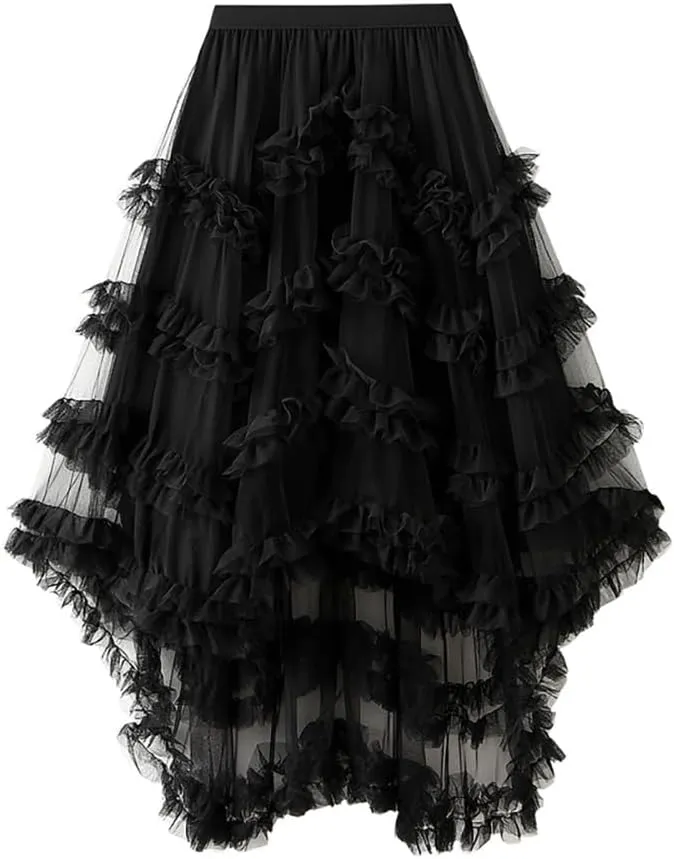 Women's Tulle Skirt, Ruffle Elastic Waist Midi Skirt Fairy Costume Asymmetrical Pleated Tutu Skirt A-Line Midi Skirt, Black