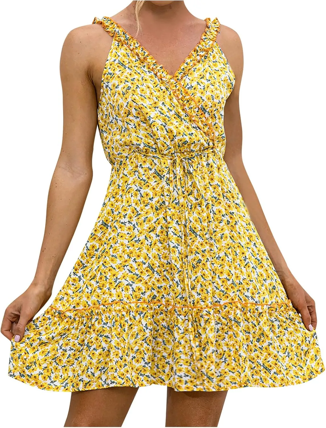 Womens V Neck Floral Mini Dresses 2024 Summer Casual Beach Vacation Dress High Waisted Tunic Ruffle Suspender Sundress