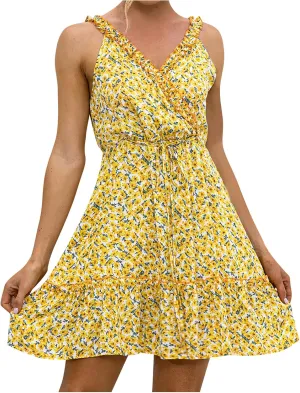 Womens V Neck Floral Mini Dresses 2024 Summer Casual Beach Vacation Dress High Waisted Tunic Ruffle Suspender Sundress