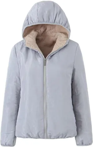 Women's Versatile Hooded Plush Coat Warm Lamb Shacket Fleece Lined Jacket Padded Cotton Zip Up Hoodie Coats