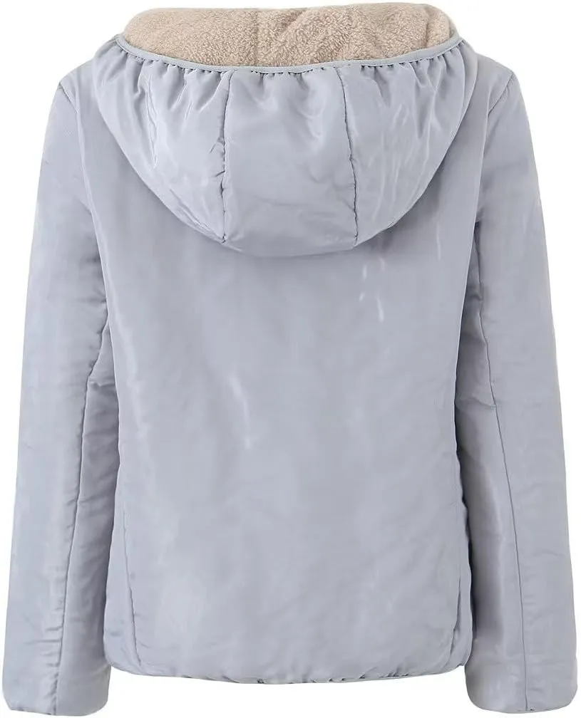 Women's Versatile Hooded Plush Coat Warm Lamb Shacket Fleece Lined Jacket Padded Cotton Zip Up Hoodie Coats