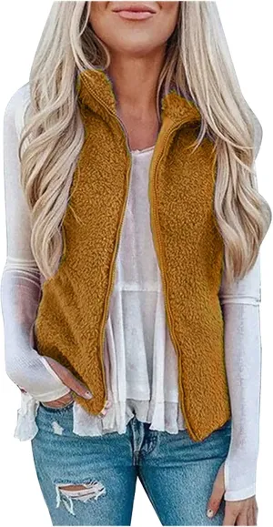 Womens Vest Solid Color Zip Up Sleeveless Tanks Jackets Fashion Sherpa Lined Fuzzy Fleece Cropped Warm Winter Coats