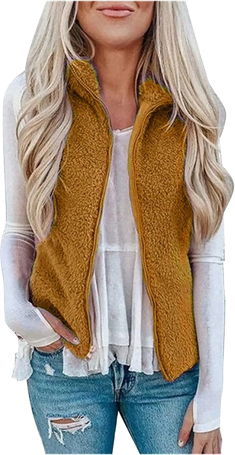 Womens Vest Solid Color Zip Up Sleeveless Tanks Jackets Fashion Sherpa Lined Fuzzy Fleece Cropped Warm Winter Coats