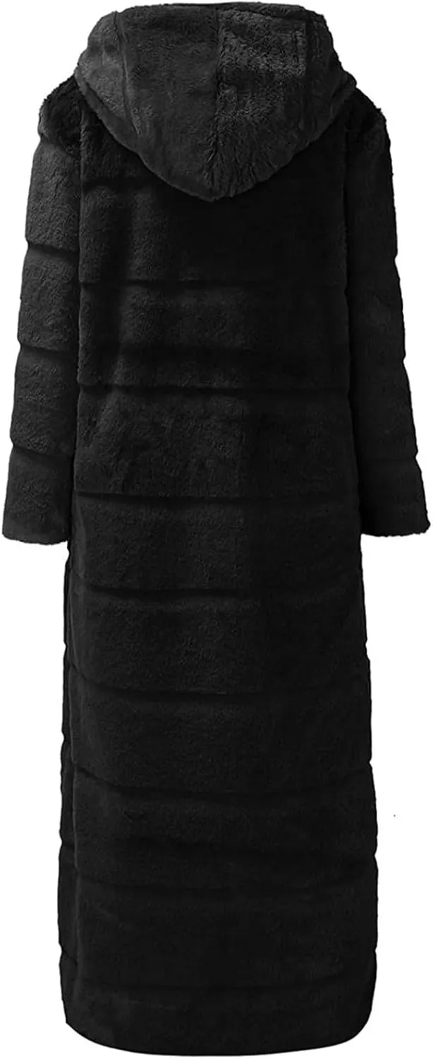 Womens Warm Parka Coats Luxury Faux Fur Fluffy Maxi Jackets Winter Fashion Hooded Full-Length Outwear with Pockets