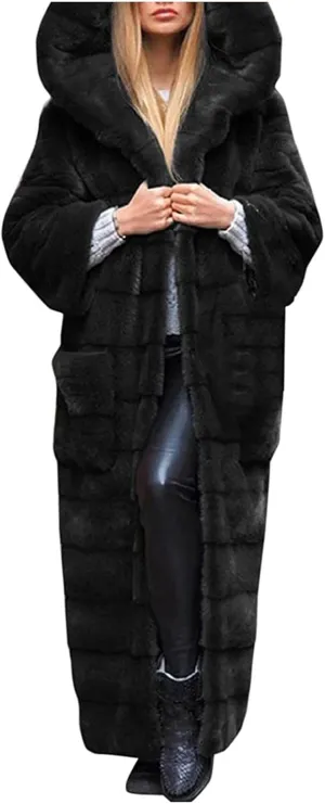 Womens Warm Parka Coats Luxury Faux Fur Fluffy Maxi Jackets Winter Fashion Hooded Full-Length Outwear with Pockets
