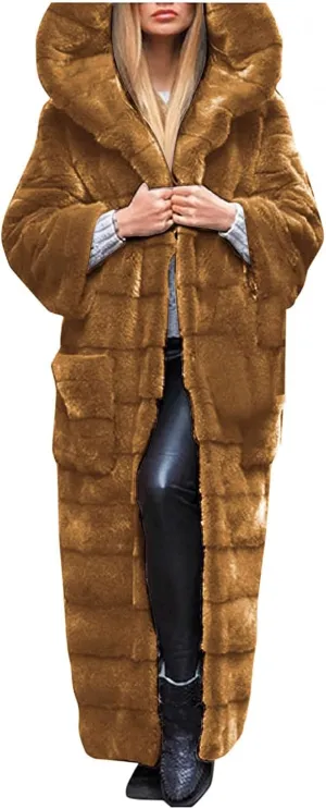 Womens Warm Parka Coats Luxury Faux Fur Fluffy Maxi Jackets Winter Fashion Hooded Full-Length Outwear with Pockets