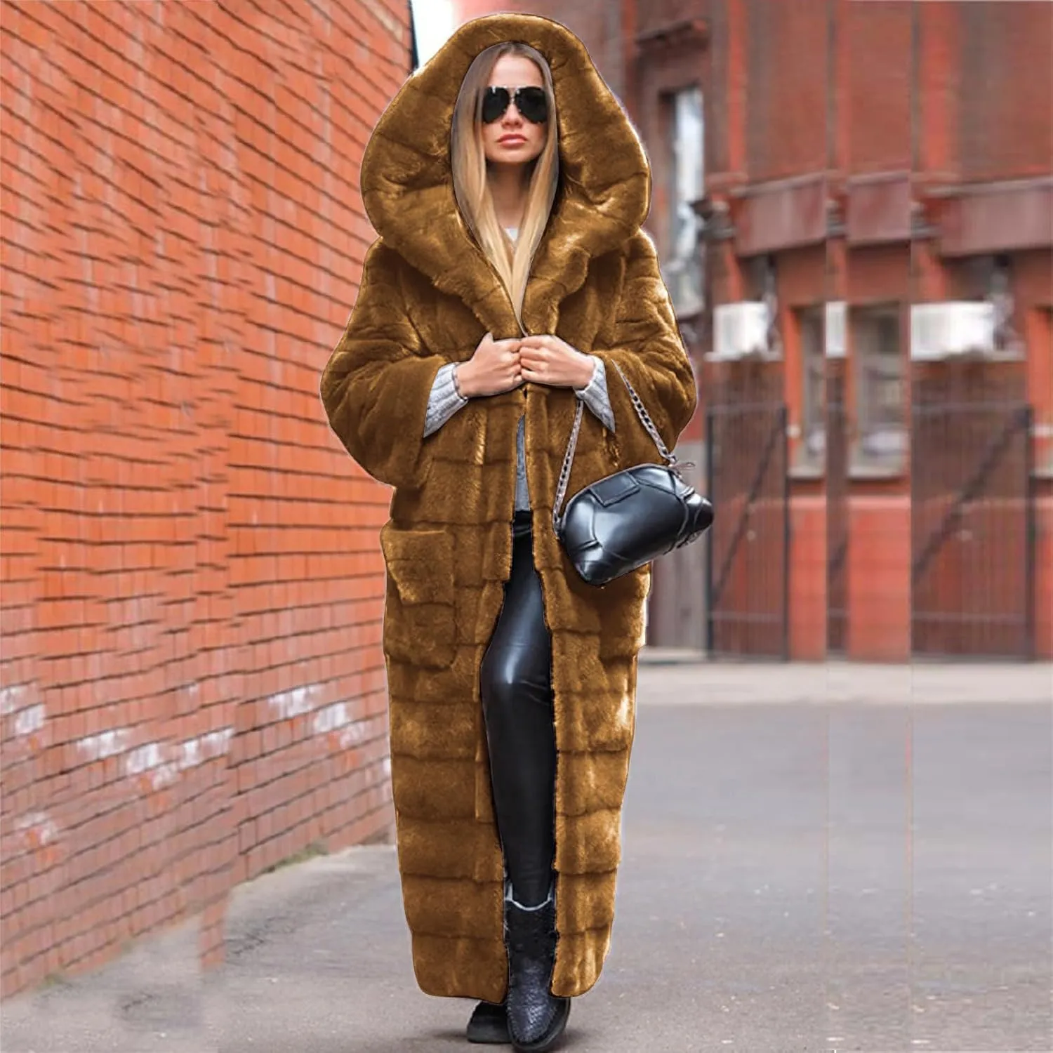 Womens Warm Parka Coats Luxury Faux Fur Fluffy Maxi Jackets Winter Fashion Hooded Full-Length Outwear with Pockets