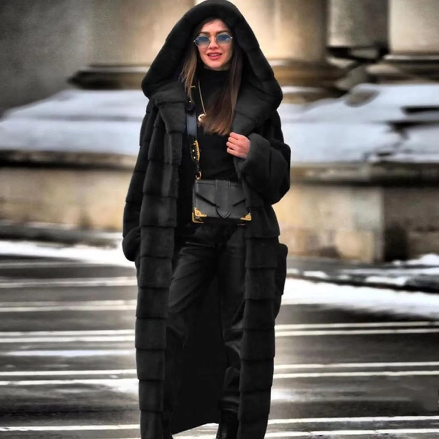 Womens Warm Parka Coats Luxury Faux Fur Fluffy Maxi Jackets Winter Fashion Hooded Full-Length Outwear with Pockets