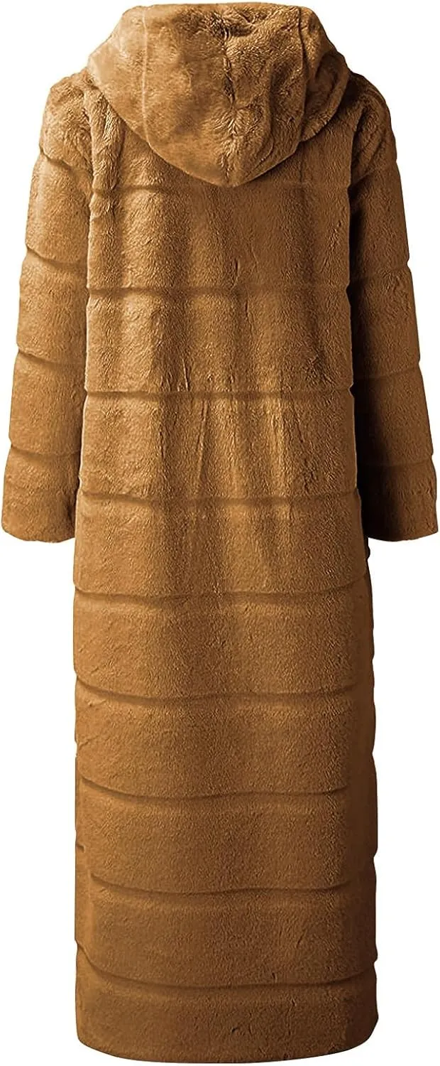Womens Warm Parka Coats Luxury Faux Fur Fluffy Maxi Jackets Winter Fashion Hooded Full-Length Outwear with Pockets