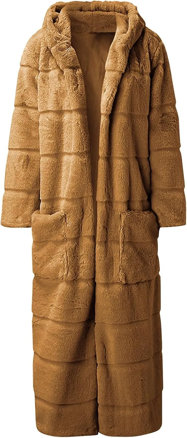 Womens Warm Parka Coats Luxury Faux Fur Fluffy Maxi Jackets Winter Fashion Hooded Full-Length Outwear with Pockets