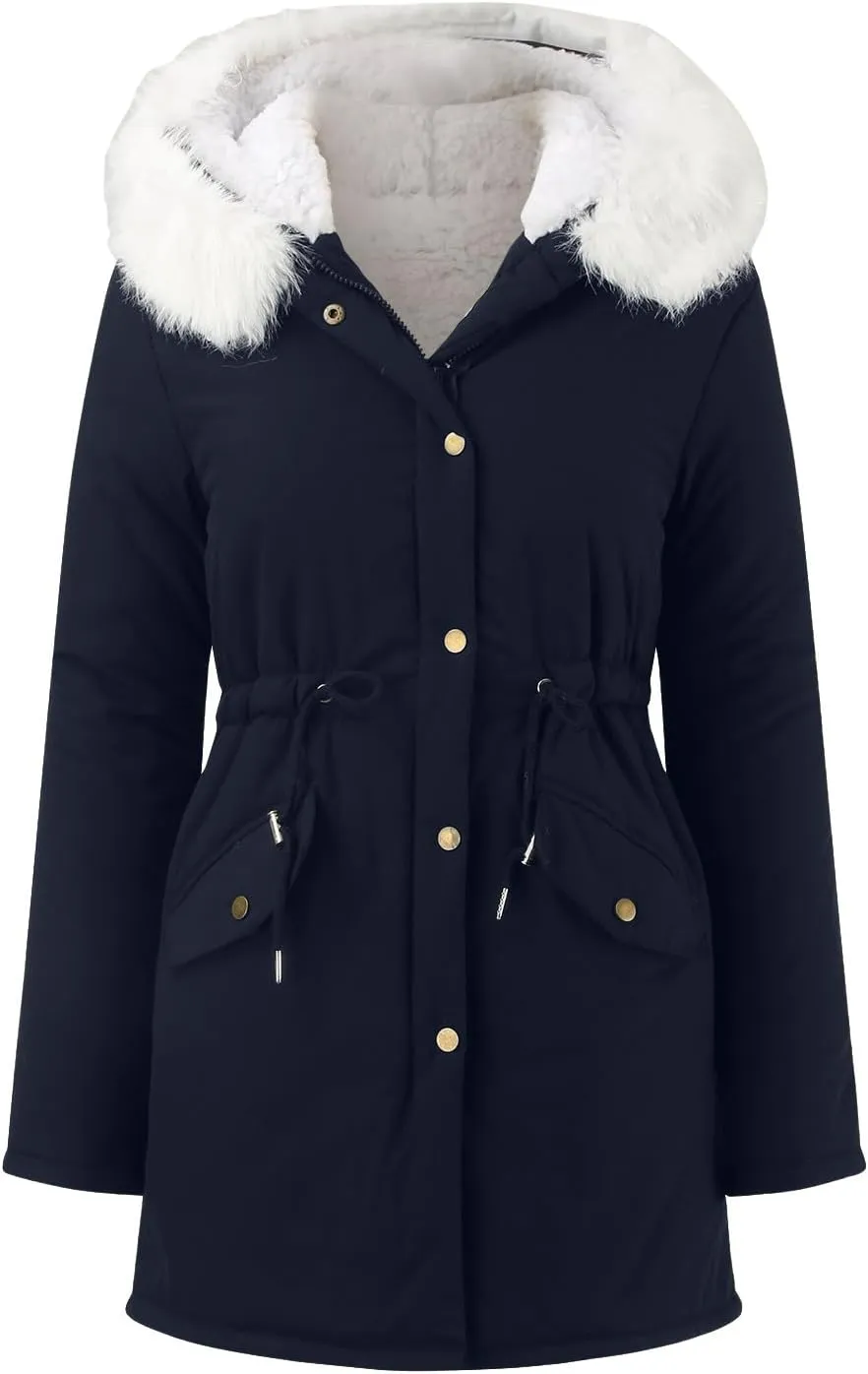 Women's Warm Winter Puffer Coats Thicken Fleece Lined Down Jackets Faux Fur Hooded Snow Parkas Overcoats with Pockets
