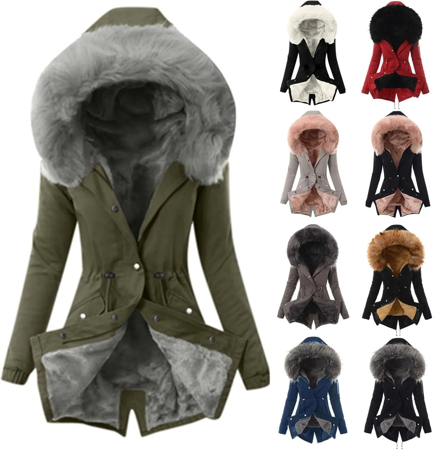 Womens Winter Coats Fleece Thicken Overcoats Warm Trench Coat Furry Windbreaker Warm Cotton Jacket Hood Outerwear