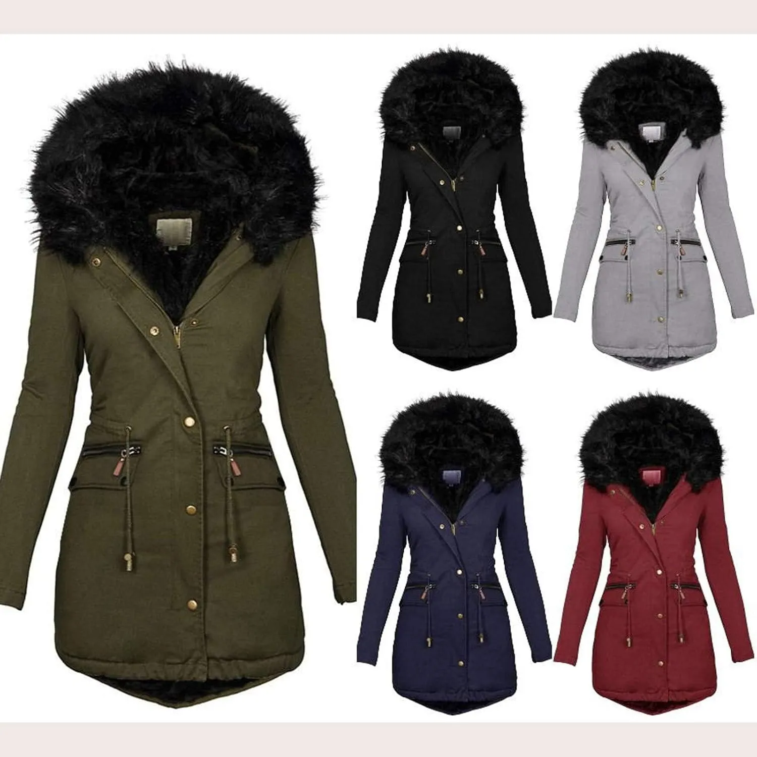 Womens Winter Coats Fleece Thicken Overcoats Warm Trench Coat Furry Windbreaker Warm Cotton Jacket Hood Outerwear