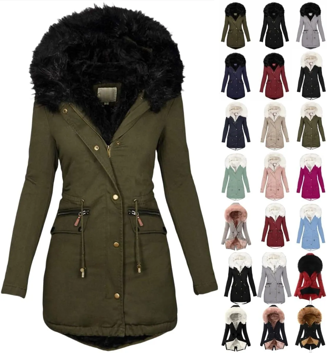 Womens Winter Coats Fleece Thicken Overcoats Warm Trench Coat Furry Windbreaker Warm Cotton Jacket Hood Outerwear