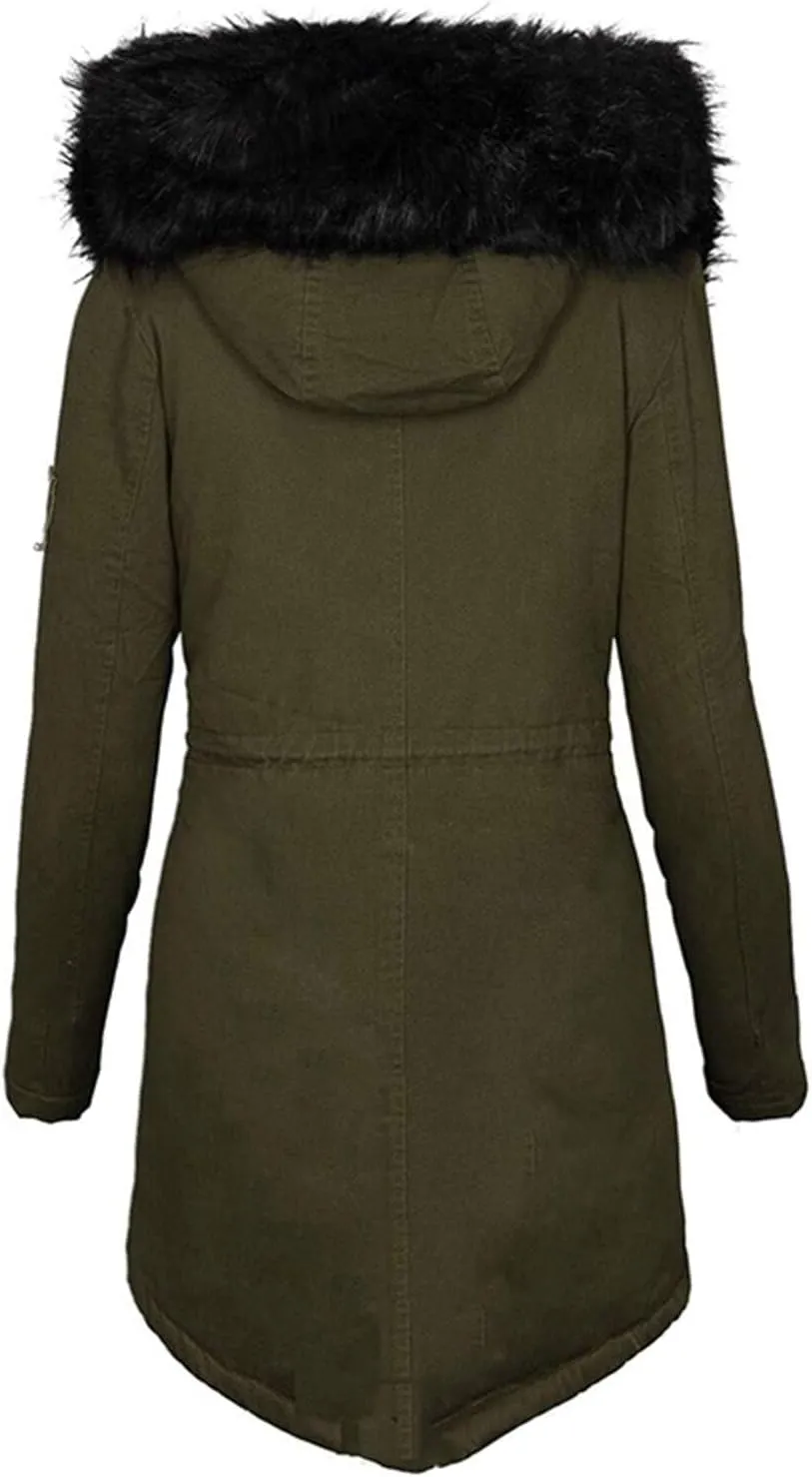 Womens Winter Coats Fleece Thicken Overcoats Warm Trench Coat Furry Windbreaker Warm Cotton Jacket Hood Outerwear