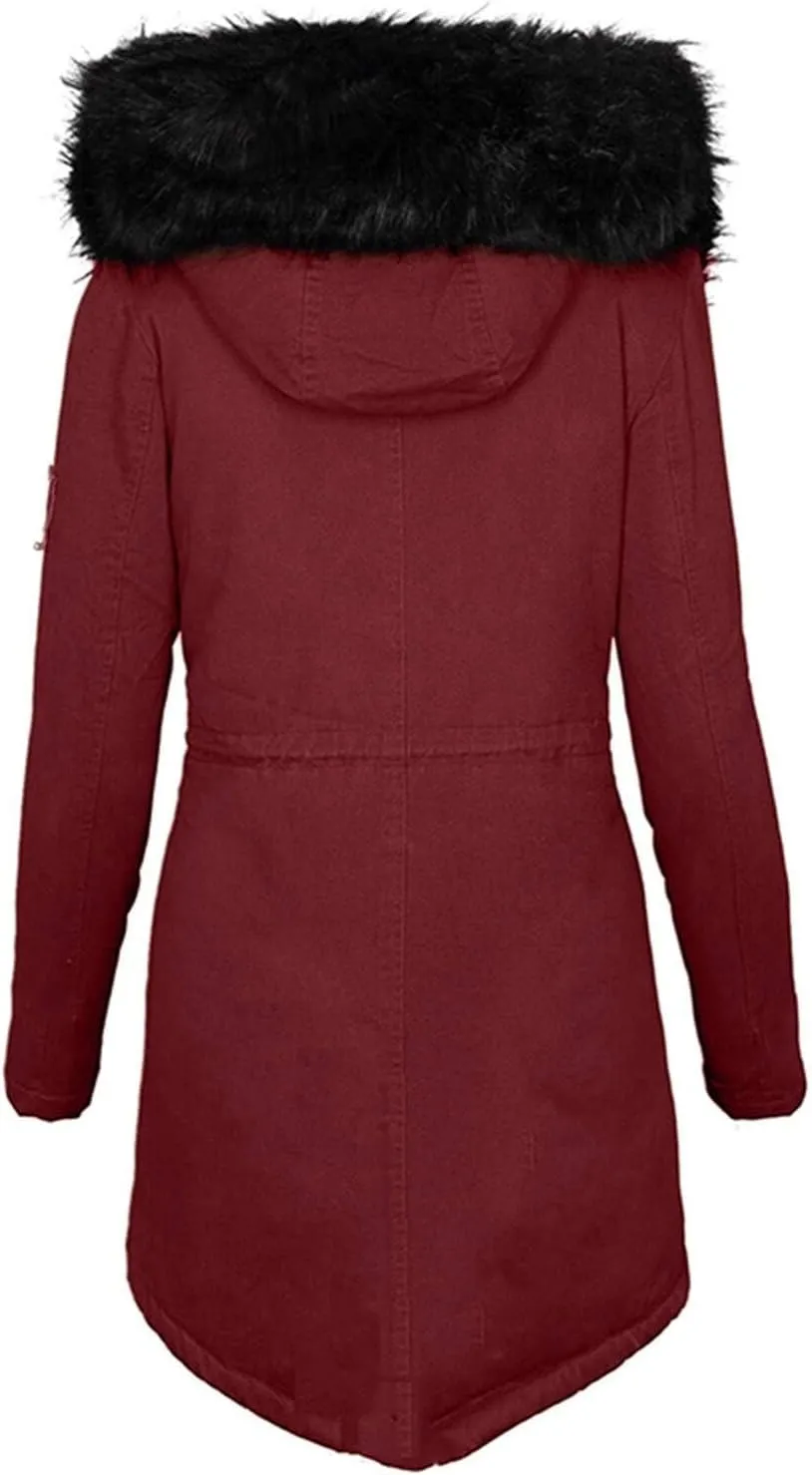 Womens Winter Coats Fleece Thicken Overcoats Warm Trench Coat Furry Windbreaker Warm Cotton Jacket Hood Outerwear