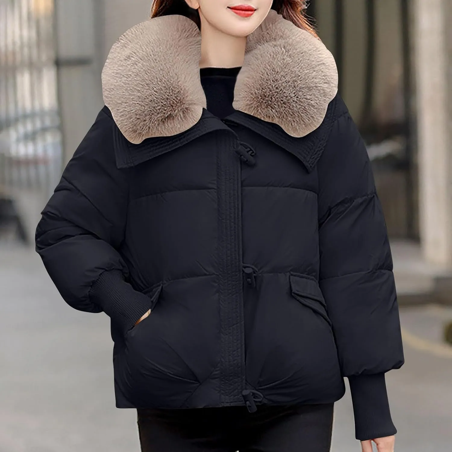 Women's Winter Coats Trendy Zip Up Long Sleeve Down Jackets Casual Fur Collar Thicken Warm Coats Loose Cropped Jacket