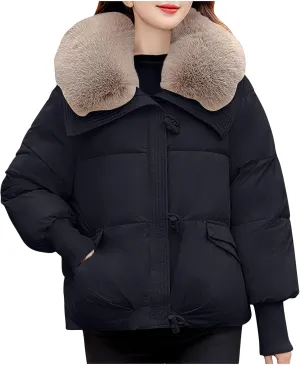 Women's Winter Coats Trendy Zip Up Long Sleeve Down Jackets Casual Fur Collar Thicken Warm Coats Loose Cropped Jacket