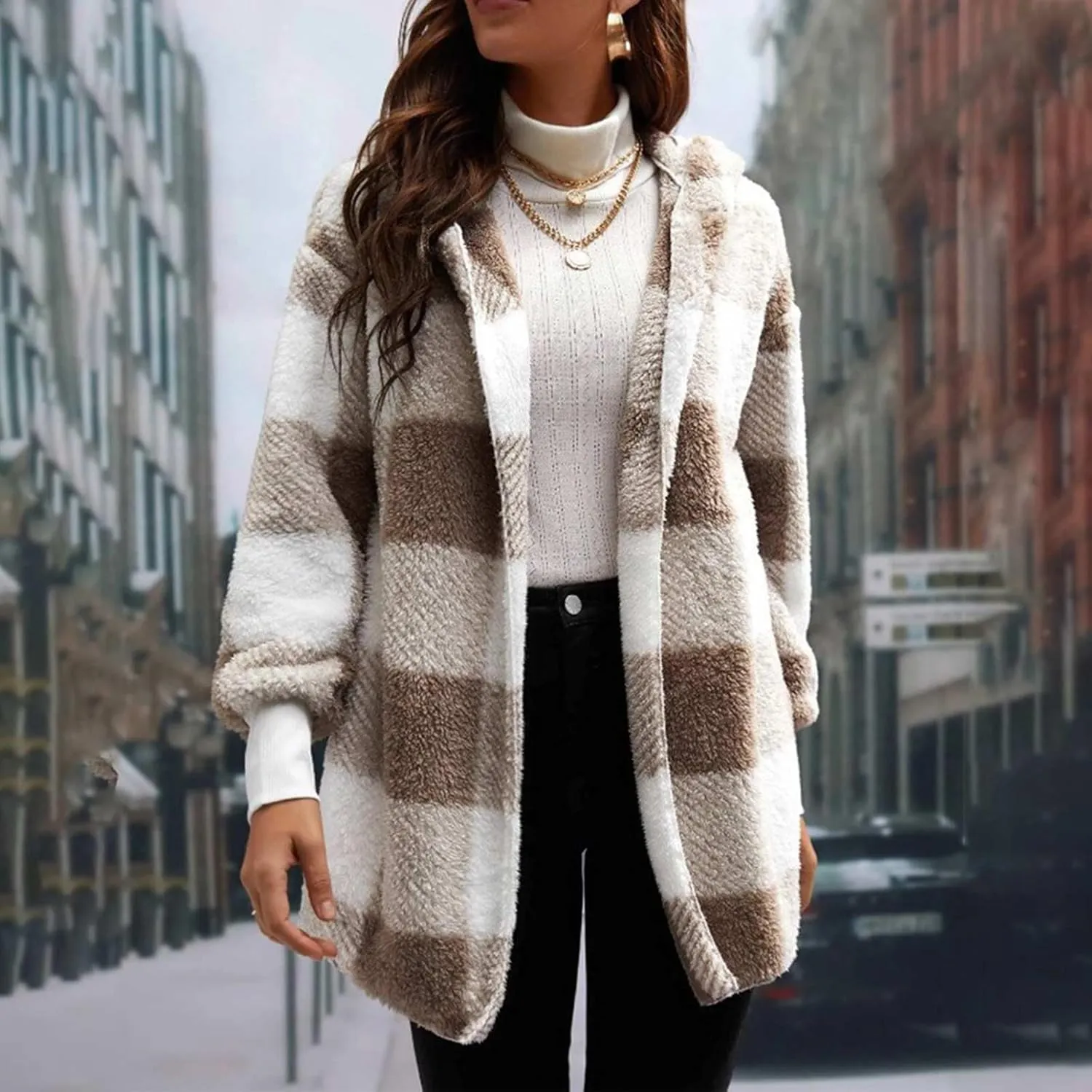 Womens Winter Coats Warm Plush Hooded Jackets Zip Up Button Cardigan Trendy Plaid Fleece Fuzzy Outerwear