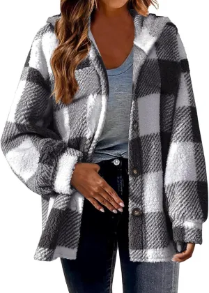 Womens Winter Coats Warm Plush Hooded Jackets Zip Up Button Cardigan Trendy Plaid Fleece Fuzzy Outerwear