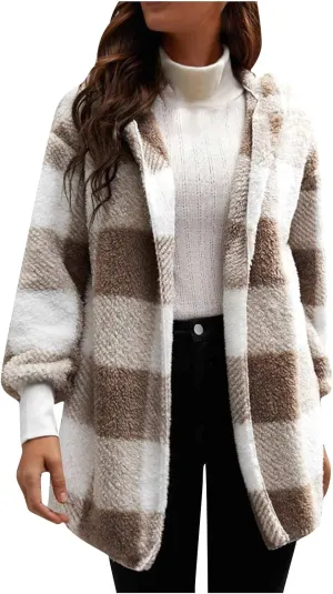 Womens Winter Coats Warm Plush Hooded Jackets Zip Up Button Cardigan Trendy Plaid Fleece Fuzzy Outerwear