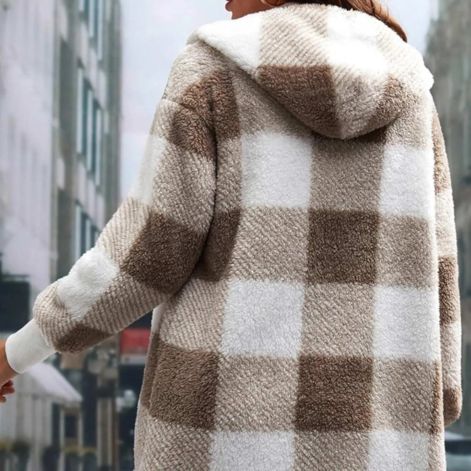 Womens Winter Coats Warm Plush Hooded Jackets Zip Up Button Cardigan Trendy Plaid Fleece Fuzzy Outerwear