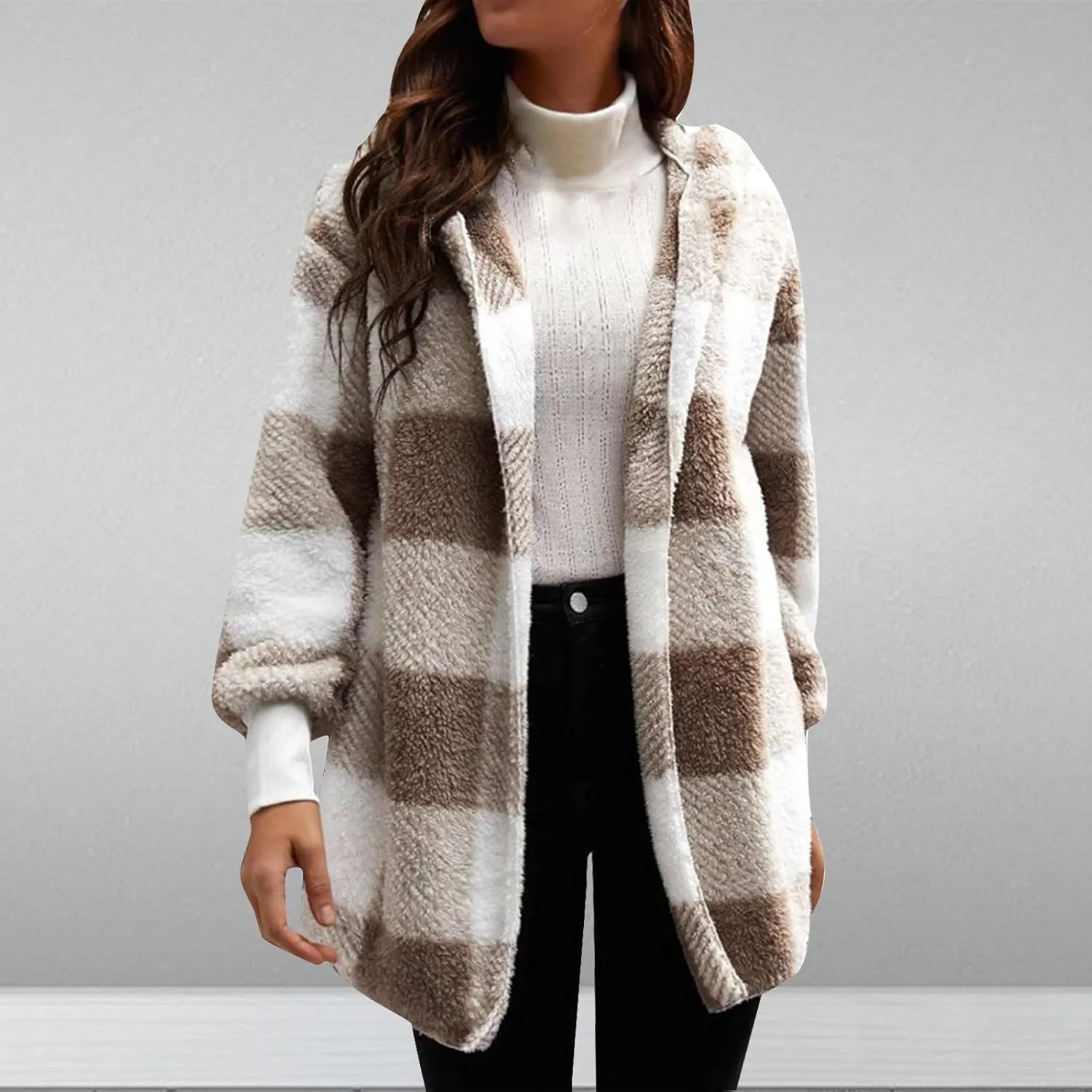 Womens Winter Coats Warm Plush Hooded Jackets Zip Up Button Cardigan Trendy Plaid Fleece Fuzzy Outerwear
