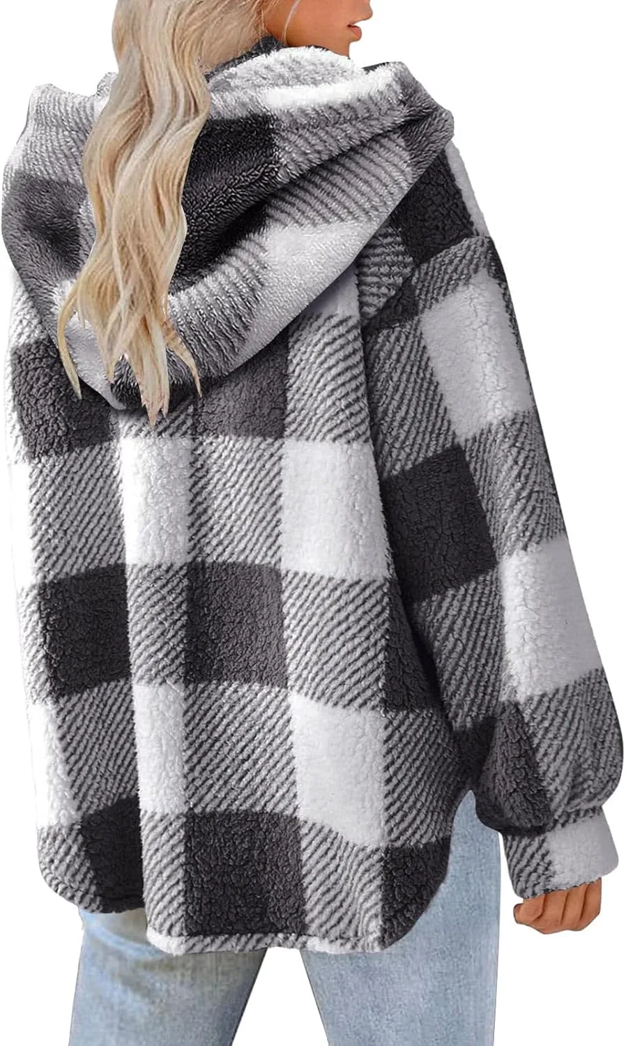 Womens Winter Coats Warm Plush Hooded Jackets Zip Up Button Cardigan Trendy Plaid Fleece Fuzzy Outerwear