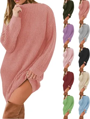 Womens Winter Knitted Sweater Turtleneck Oversized Long Sleeve Sweater Dress 2024 Plus Size Tunic Pullover Fall Dress
