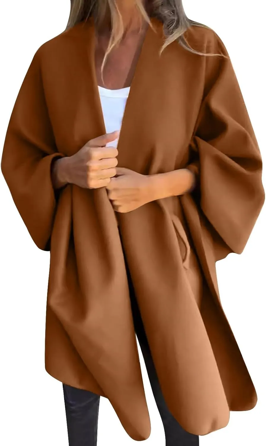 Womens Winter Loose Cape Jackets Solid Open Front Bow Knot Blanket Cloak Coat Fashion Casual Wool Poncho Copes