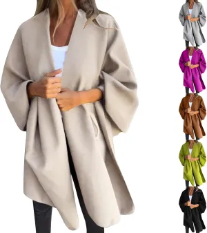 Womens Winter Loose Cape Jackets Solid Open Front Bow Knot Blanket Cloak Coat Fashion Casual Wool Poncho Copes