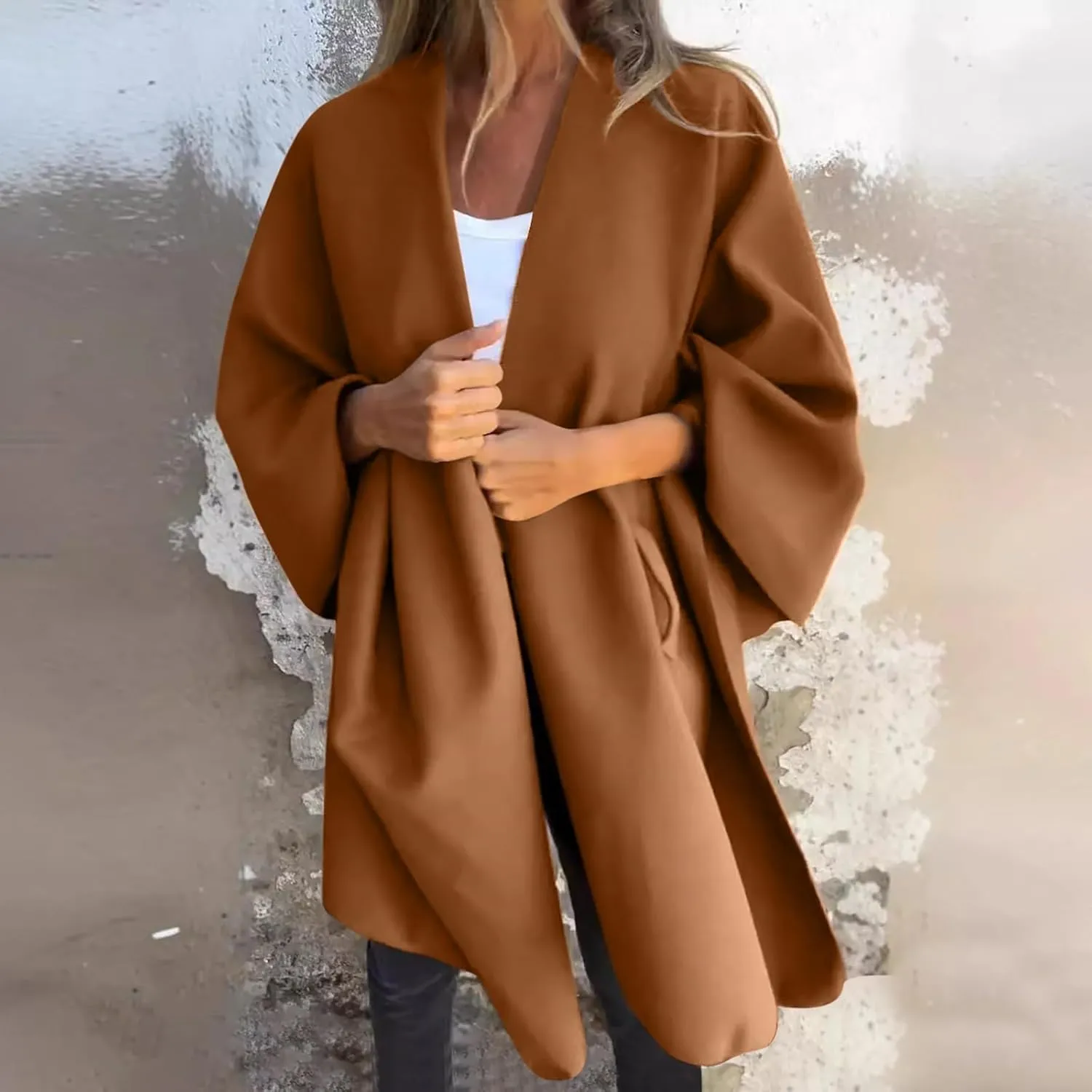 Womens Winter Loose Cape Jackets Solid Open Front Bow Knot Blanket Cloak Coat Fashion Casual Wool Poncho Copes