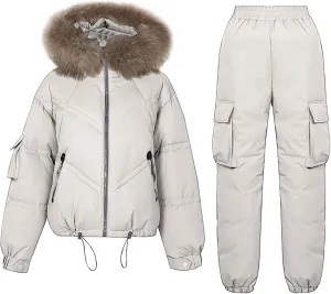 Women's Winter Outfits Thickened Warm Puffer Jackets Cotton Cargo Pants Two Piece Sets Outdoor Snow Hooded Down Coats