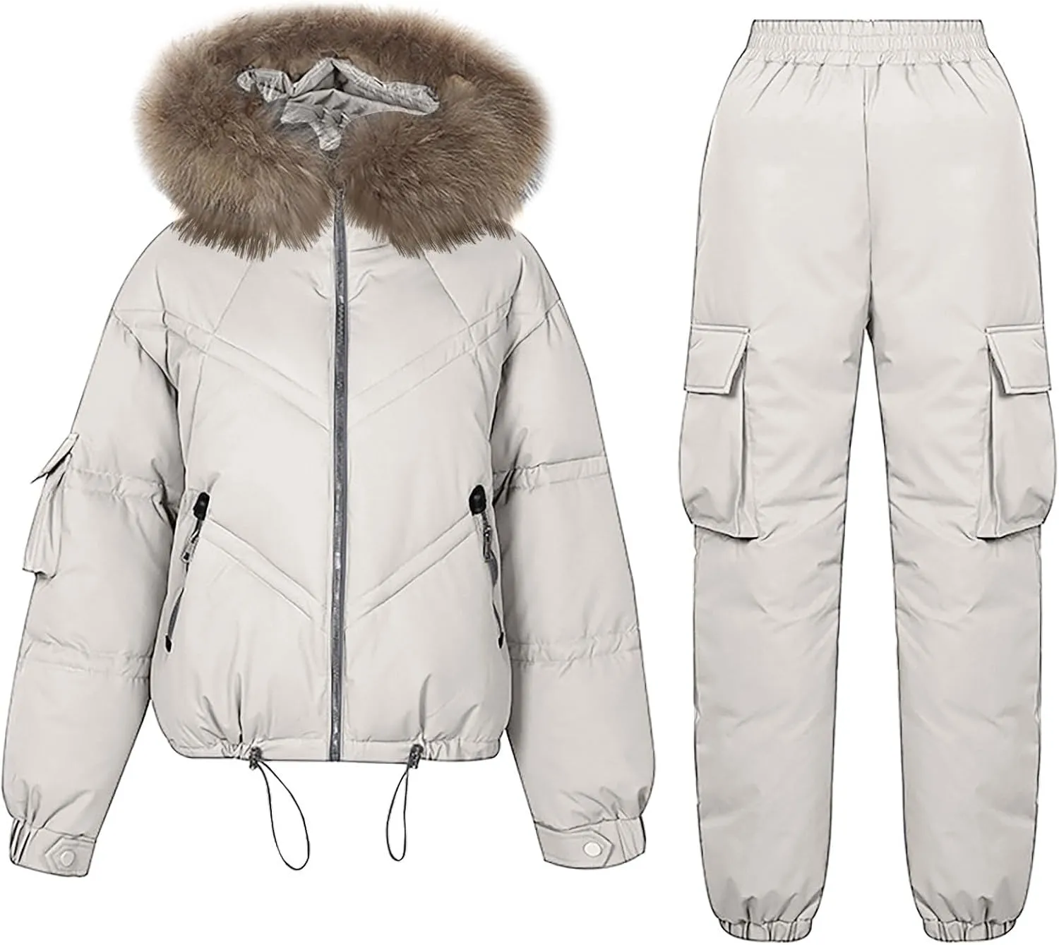 Women's Winter Outfits Thickened Warm Puffer Jackets Cotton Cargo Pants Two Piece Sets Outdoor Snow Hooded Down Coats