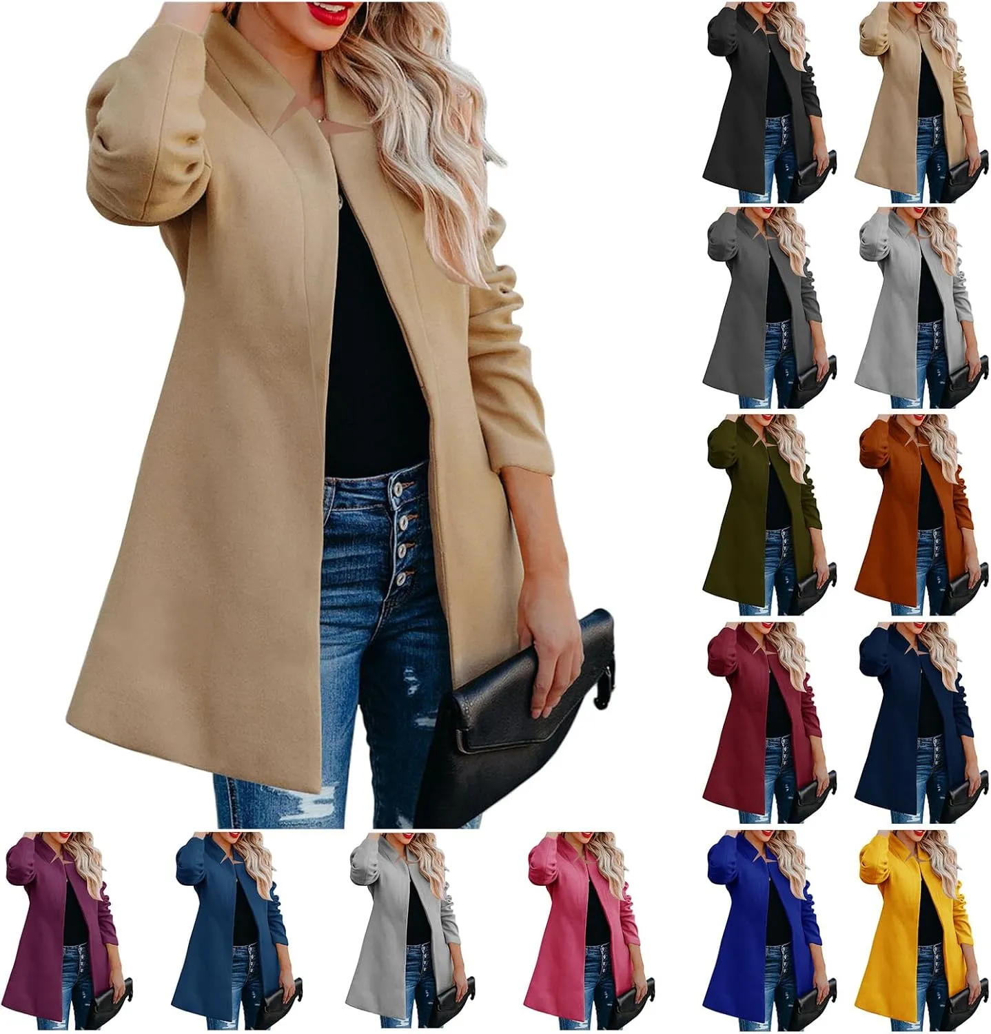 Womens Wool Blend Coats Open Front Stand Collar Cardigan Casual Mid-Long Pea Trench Coat