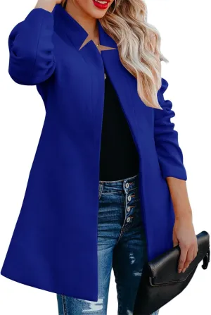 Womens Wool Blend Coats Open Front Stand Collar Cardigan Casual Mid-Long Pea Trench Coat