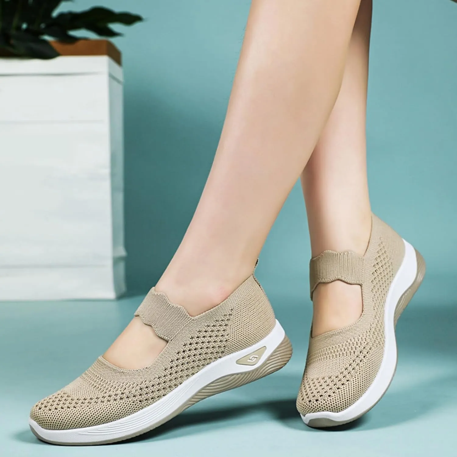 Women's Woven Orthopedic Breathable Soft Shoes Comfortable Breathable Knitted Diabetic Soft Sole Walking Sneakers Slip On Gym Shoes for Women Indoor Outdoor