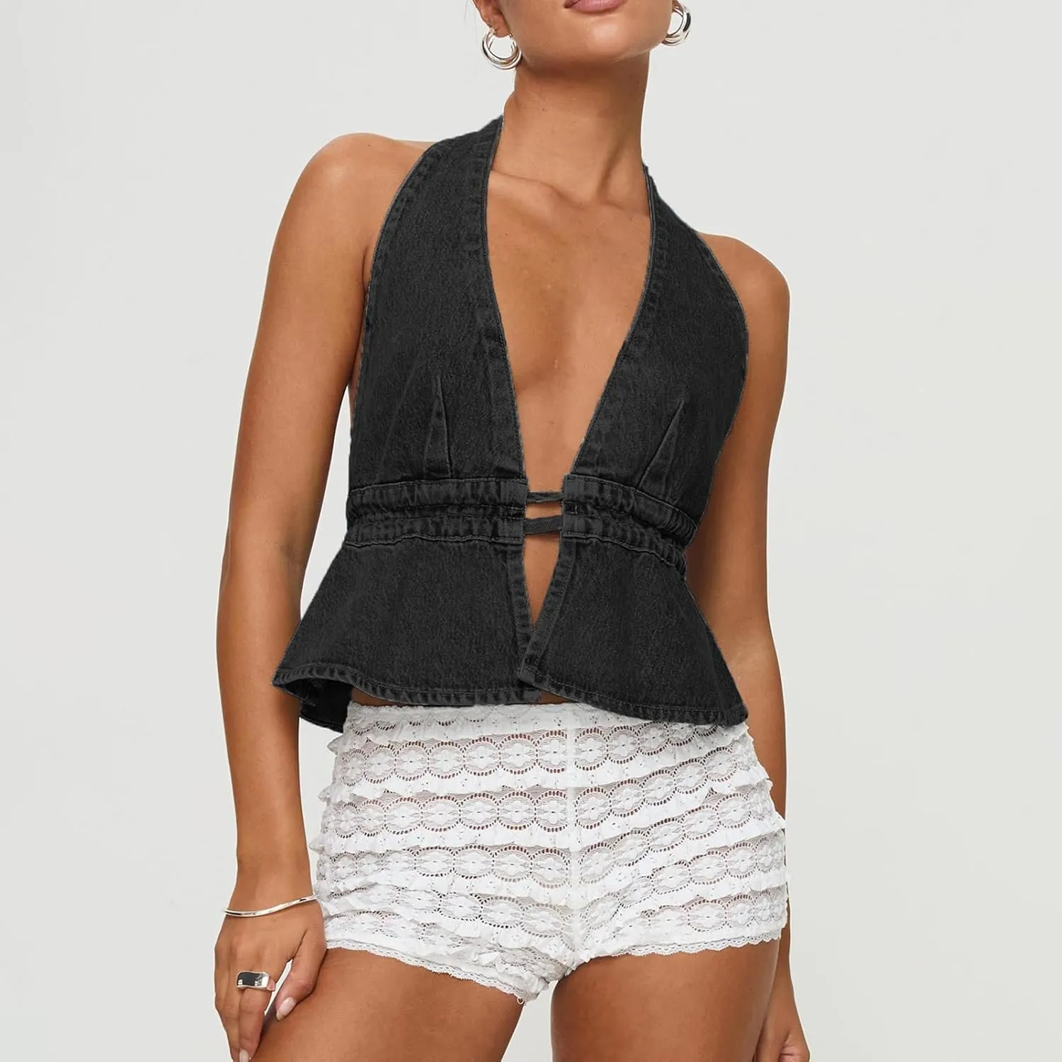 Women's Y2K Denim Tank Tops Tie-up Sleeveless Halter Jeans Tops Sexy Backless Denim Vest Going Out Tops Streetwear