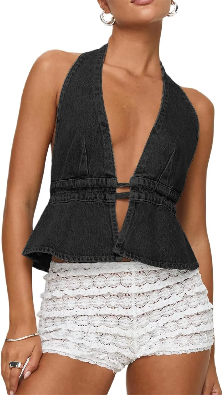 Women's Y2K Denim Tank Tops Tie-up Sleeveless Halter Jeans Tops Sexy Backless Denim Vest Going Out Tops Streetwear
