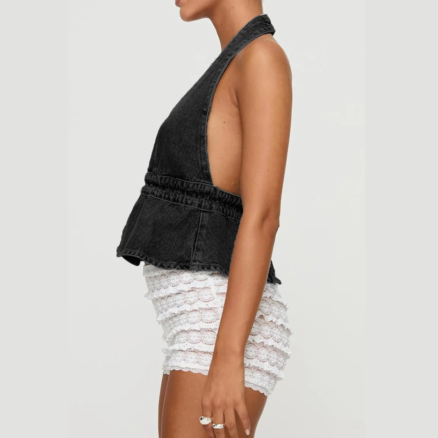 Women's Y2K Denim Tank Tops Tie-up Sleeveless Halter Jeans Tops Sexy Backless Denim Vest Going Out Tops Streetwear