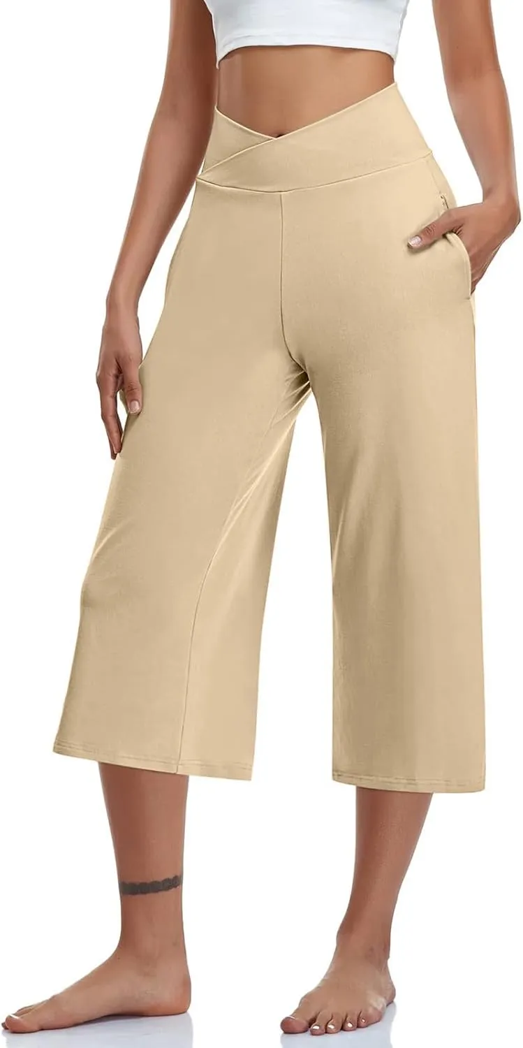 Womens Yoga Capri Pants Solid High Waist Pocket Active Trousers Comfy Breathable Fitness Pants Wide Leg Capri Pants