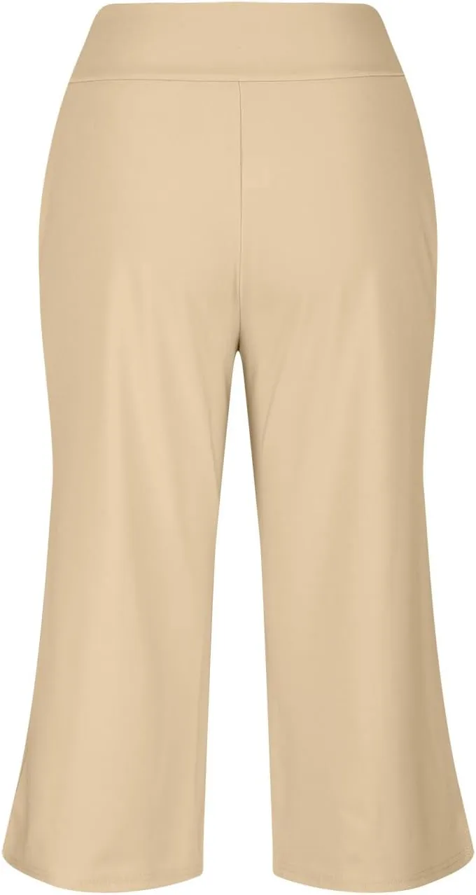 Womens Yoga Capri Pants Solid High Waist Pocket Active Trousers Comfy Breathable Fitness Pants Wide Leg Capri Pants
