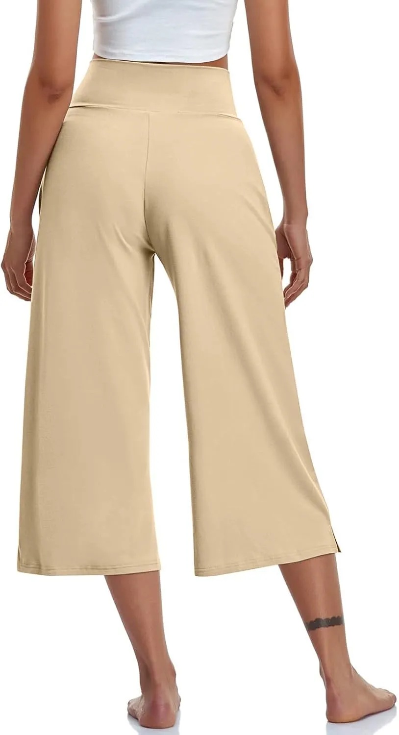 Womens Yoga Capri Pants Solid High Waist Pocket Active Trousers Comfy Breathable Fitness Pants Wide Leg Capri Pants