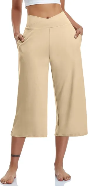 Womens Yoga Capri Pants Solid High Waist Pocket Active Trousers Comfy Breathable Fitness Pants Wide Leg Capri Pants