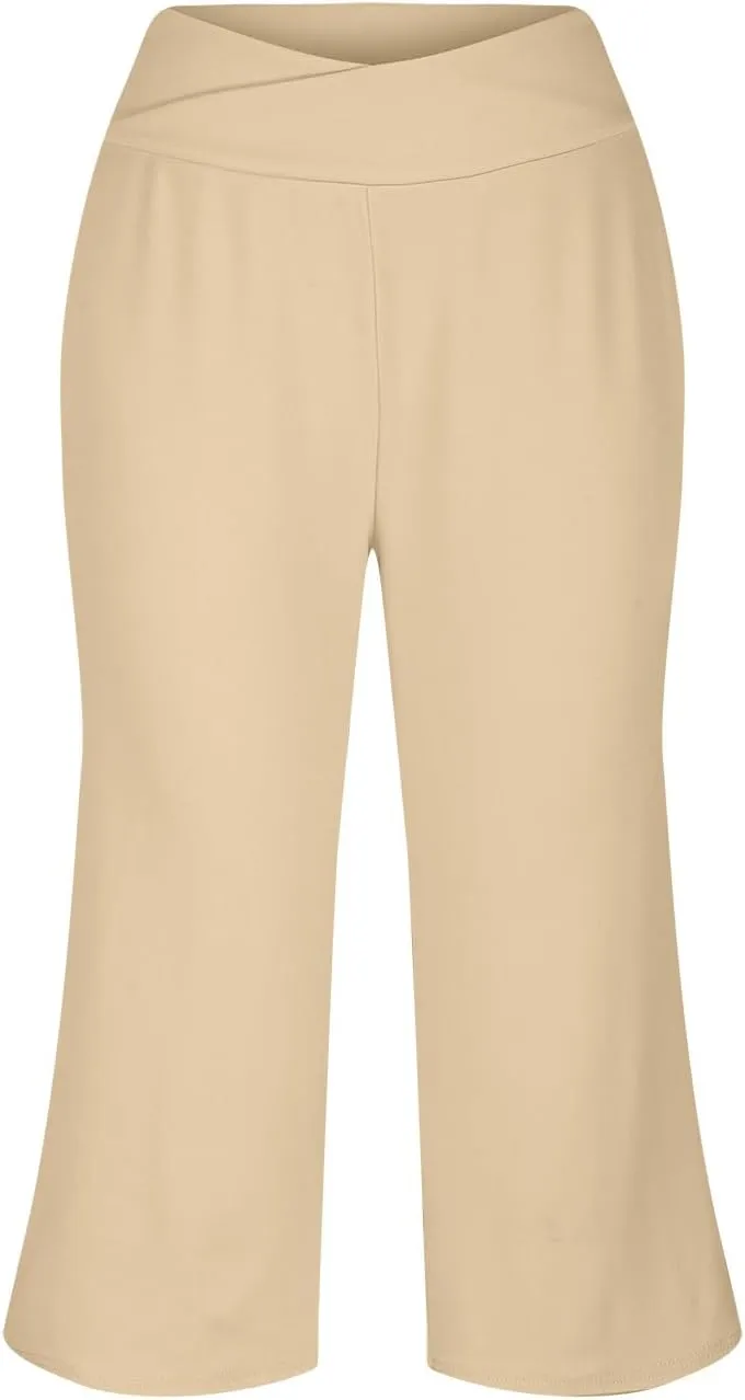 Womens Yoga Capri Pants Solid High Waist Pocket Active Trousers Comfy Breathable Fitness Pants Wide Leg Capri Pants