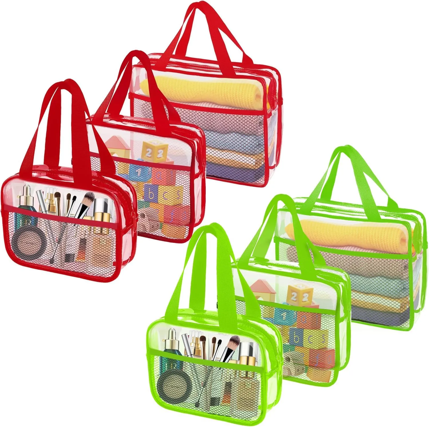 XEWEA Clear Travel Toiletry Bags,6 Pack TSA Approved Transparent Makeup Bag for Men Women, Large Waterproof PVC Quart Organizer with Zipper for Toiletries Airline Essentials,Toy Storage Red Green
