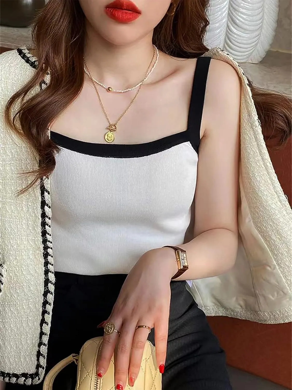 Xineicy Y2K Crop Tops for Women Contrast Trim Vintage Tank Tops Sleeveless Crew Neck Slimming Cute Cami Tops