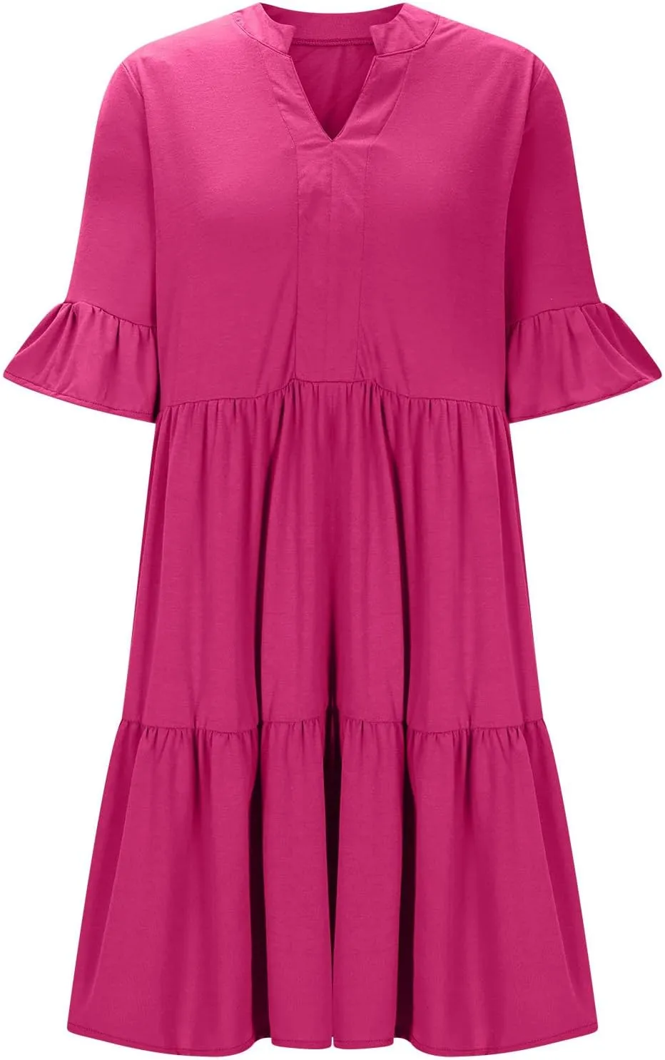 XUNRYAN Womens Summer Babydoll Dresses V-Neck Casual Short Sleeve Tiered Ruffle Mini Dress Pockets Loungewear Fashion Clothes